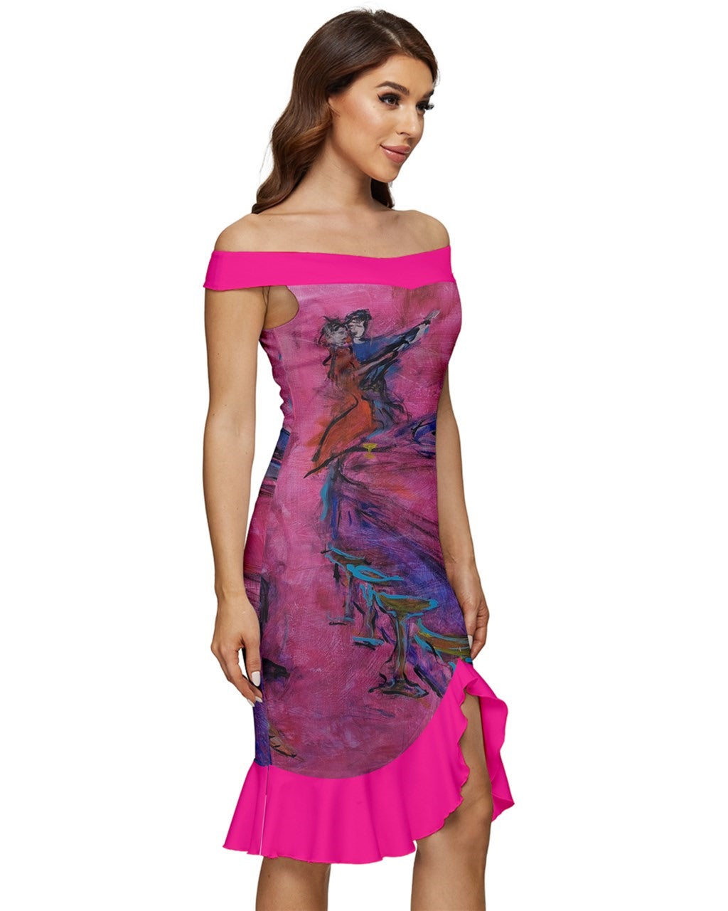 A stunning pink dress designed by Leeorah, featuring original art, perfect for lighting up the dance floor or commanding attention at any elegant event. Its figure-hugging silhouette embraces all sizes with flattering grace, promising to make you stand out amidst the crowd. Side view