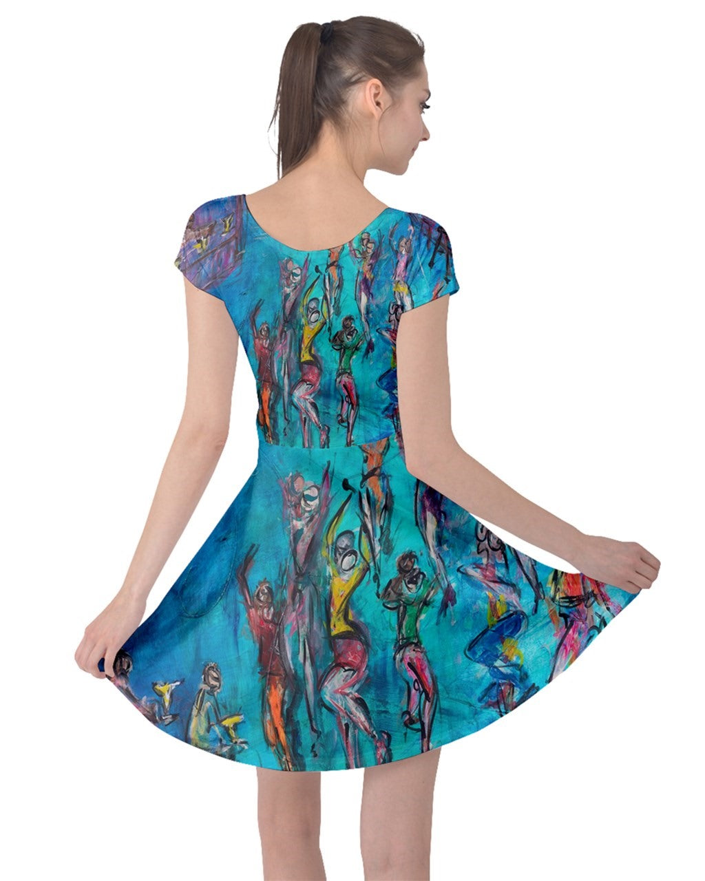  An airy  blue day dress with a vibrant, original art print by Leeorah, designed to flatter all sizes. The dress features a relaxed silhouette and soft fabric, promising comfort and style for any occasion. Back view