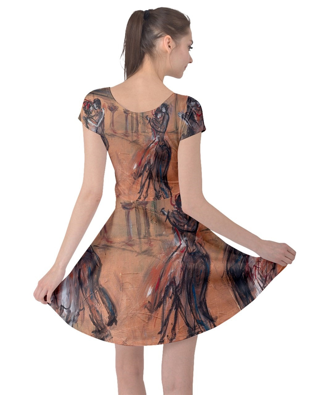 A dress with a vibrant, original art print by Leeorah, designed to flatter all sizes. The dress features a relaxed silhouette and soft fabric, promising comfort and style for any occasion. Back view
