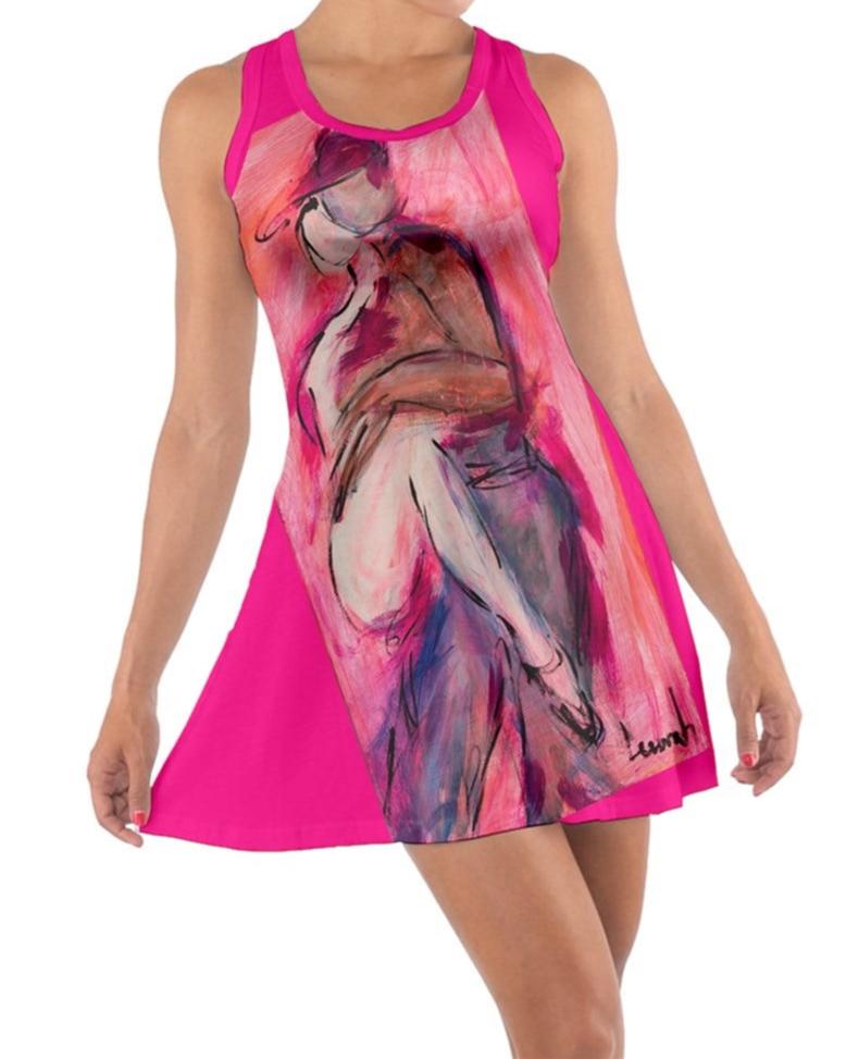  Sexy  pink dress adorned with Leeorah's captivating dancer artwork - Embrace comfort and allure effortlessly. Front view