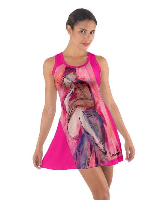  Sexy  pink dress adorned with Leeorah's captivating dancer artwork - Embrace comfort and allure effortlessly. Front view