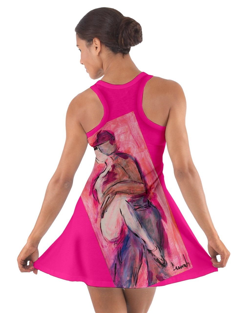 Sexy  pink dress adorned with Leeorah's captivating dancer artwork - Embrace comfort and allure effortlessly. Back view