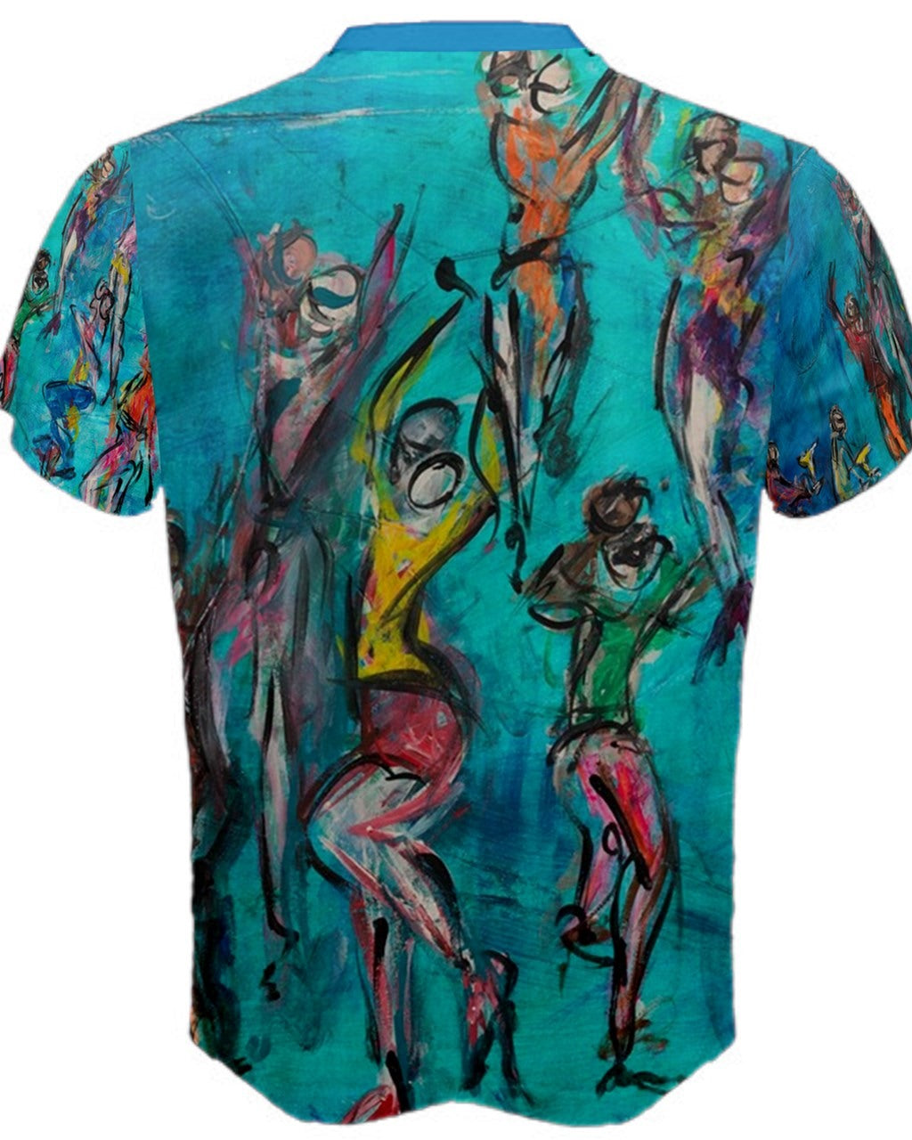 Back view of a vibrant men's T-shirt featuring original artwork by Leeorah. The design bursts with a kaleidoscope of colors, blending seamlessly to create a captivating visual display. Available in a range of sizes to suit all body types, this T-shirt is a bold statement piece for any wardrobe