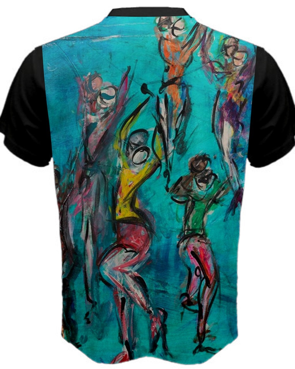 Back view of a vibrant men's  Blue T-shirt featuring original artwork by Leeorah. The design bursts with a kaleidoscope of colors, blending seamlessly to create a captivating visual display. Available in a range of sizes to suit all body types, this T-shirt is a bold statement piece for any wardrobe