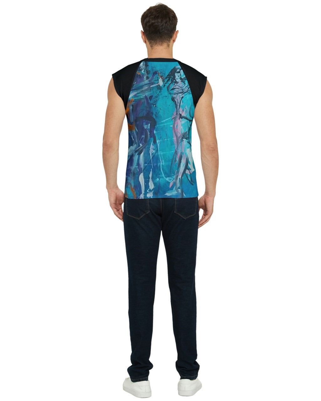 Back view of a vibrant  blue men's   T-shirt featuring original artwork by Leeorah. The design bursts with a kaleidoscope of colors, blending seamlessly to create a captivating visual display. Available in a range of sizes to suit all body types, this T-shirt is a bold statement piece for any wardrobe