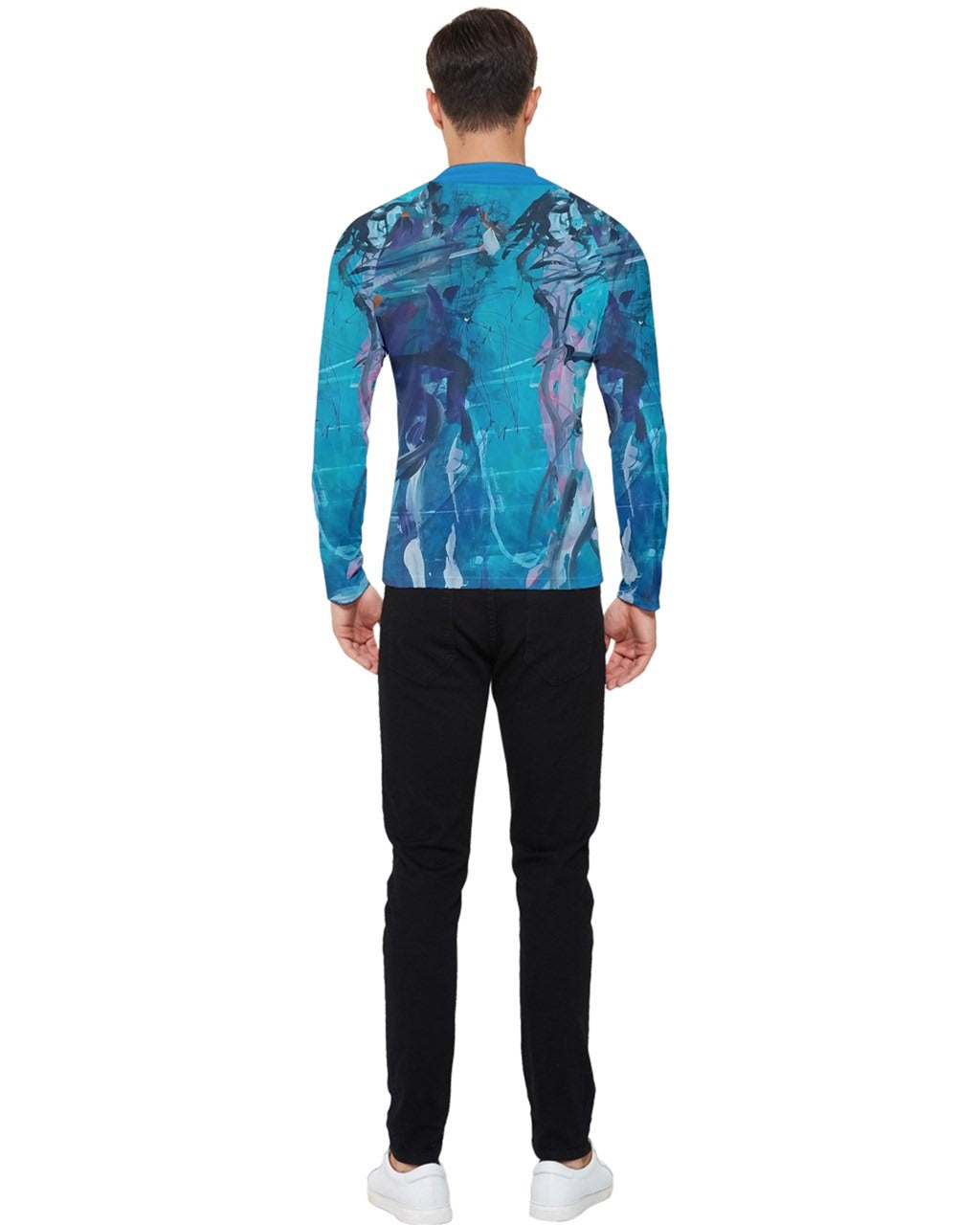 Back view  of a vibrant men's  rash-gautrd featuring original artwork by Leeorah. The design bursts with a kaleidoscope of colors, blending seamlessly to create a captivating visual display. Available in a range of sizes to suit all body types, this  rash gaurd is a bold statement piece for any wardrobe