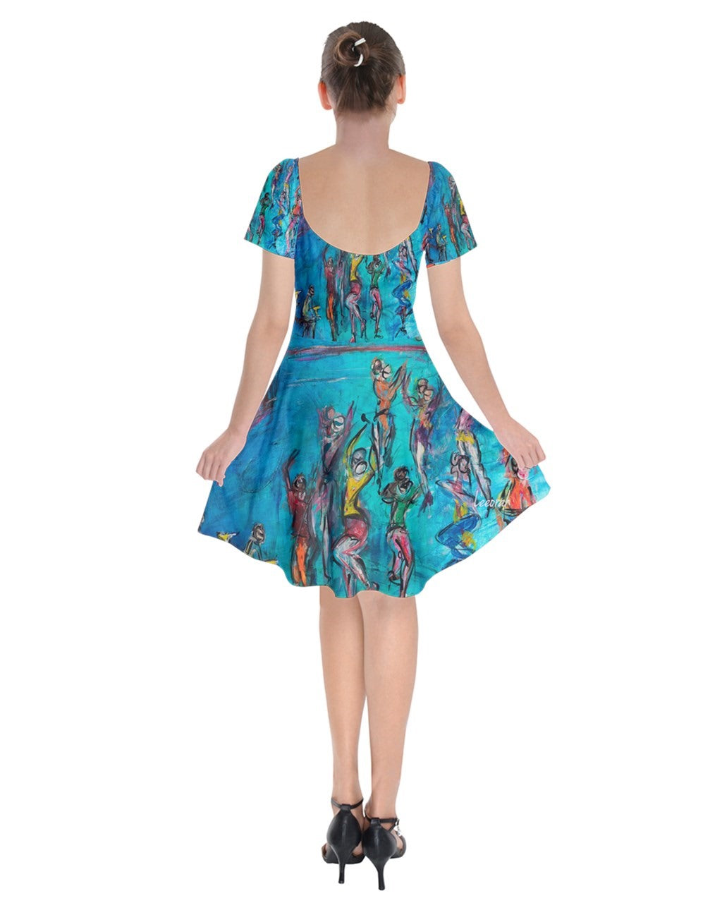 An image featuring women in blue dress adorned in striking,sexy attire adorned with vibrant, original artwork inspired by dancers, seen from the back