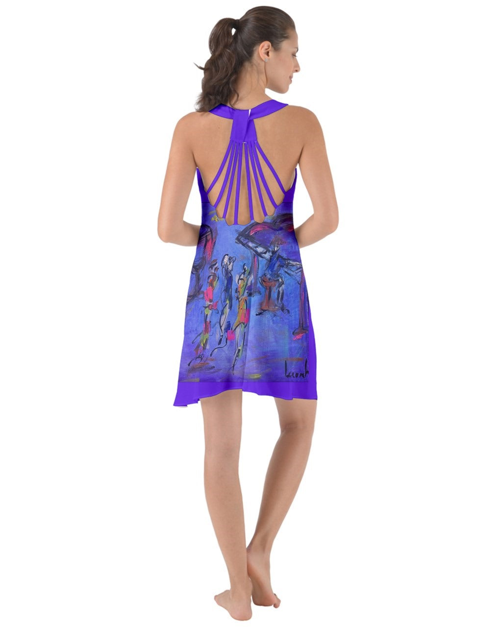 A captivating purple swirling dress featuring criss-cross back straps, adorned with original art by Leeorah. The fabric gracefully flows, accentuating movement with its seductive design .Back view 