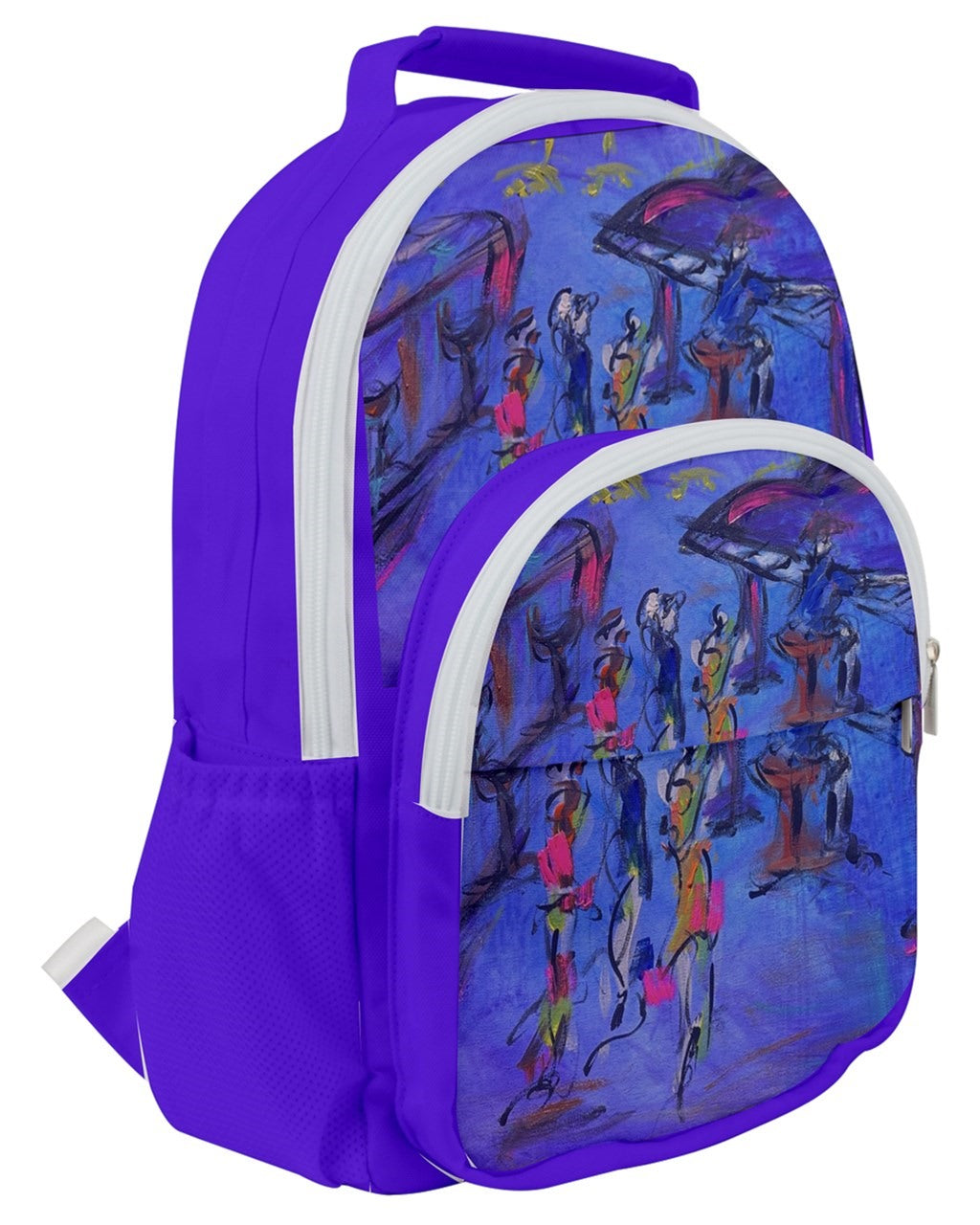 Vibrant backpack featuring Leeorah's captivating dancer artwork - Practical meets artistic flair.  Side view