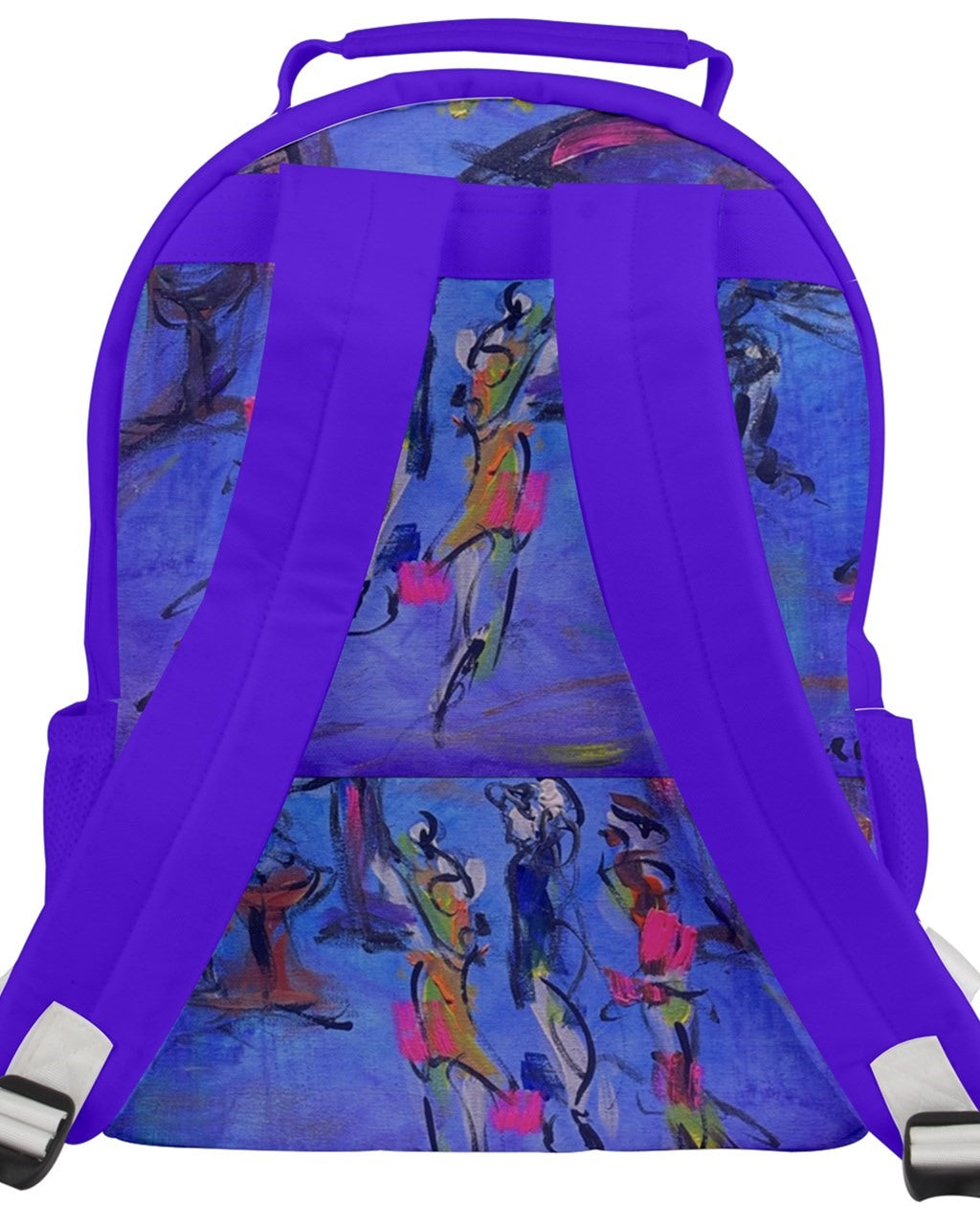 Vibrant purple backpack featuring Leeorah's captivating dancer artwork - Practical meets artistic flair.  Back view