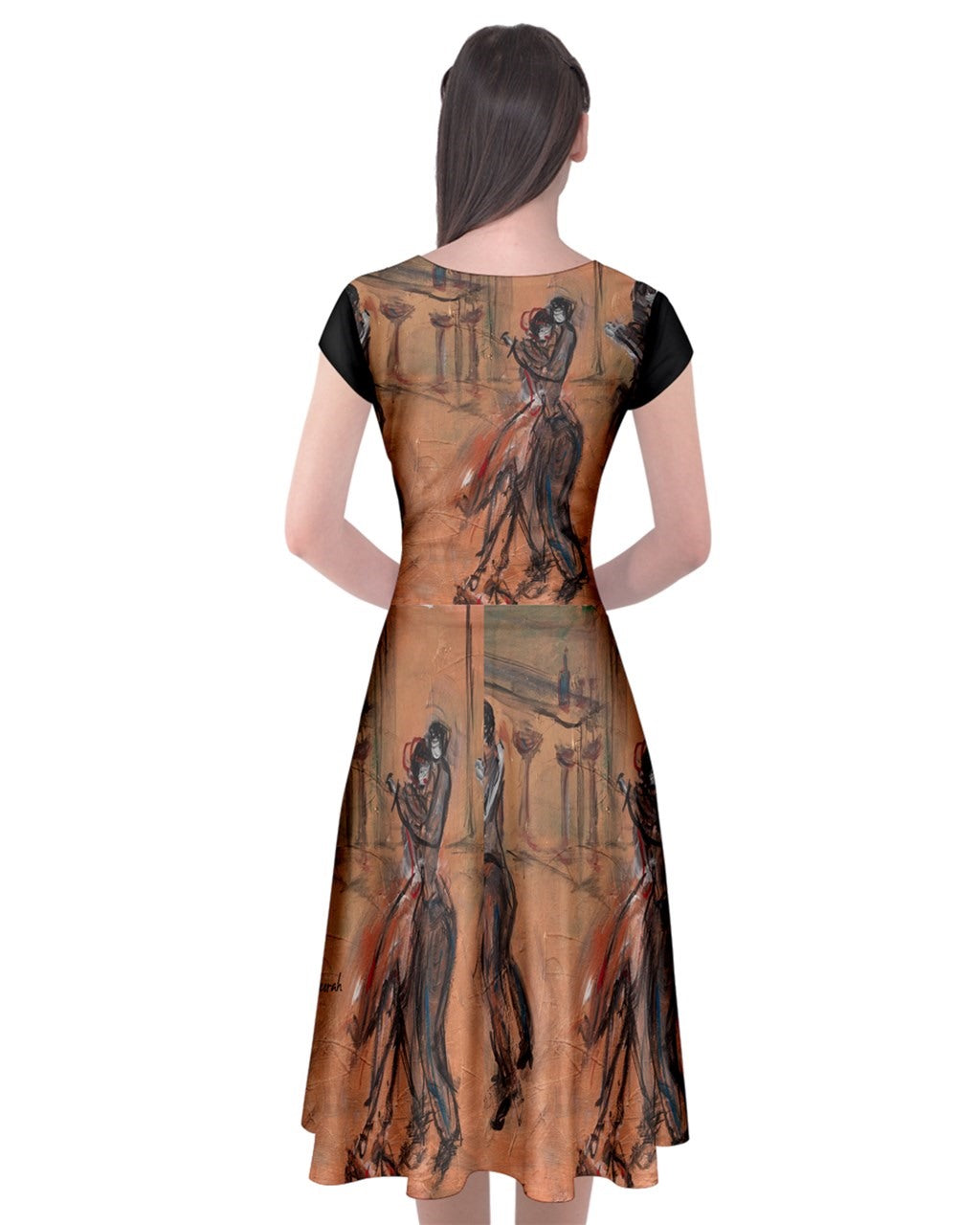  A dress with a vibrant, original art print by Leeorah, designed to flatter all sizes. The dress features a relaxed silhouette and soft fabric, promising comfort and style for any occasion. Back view