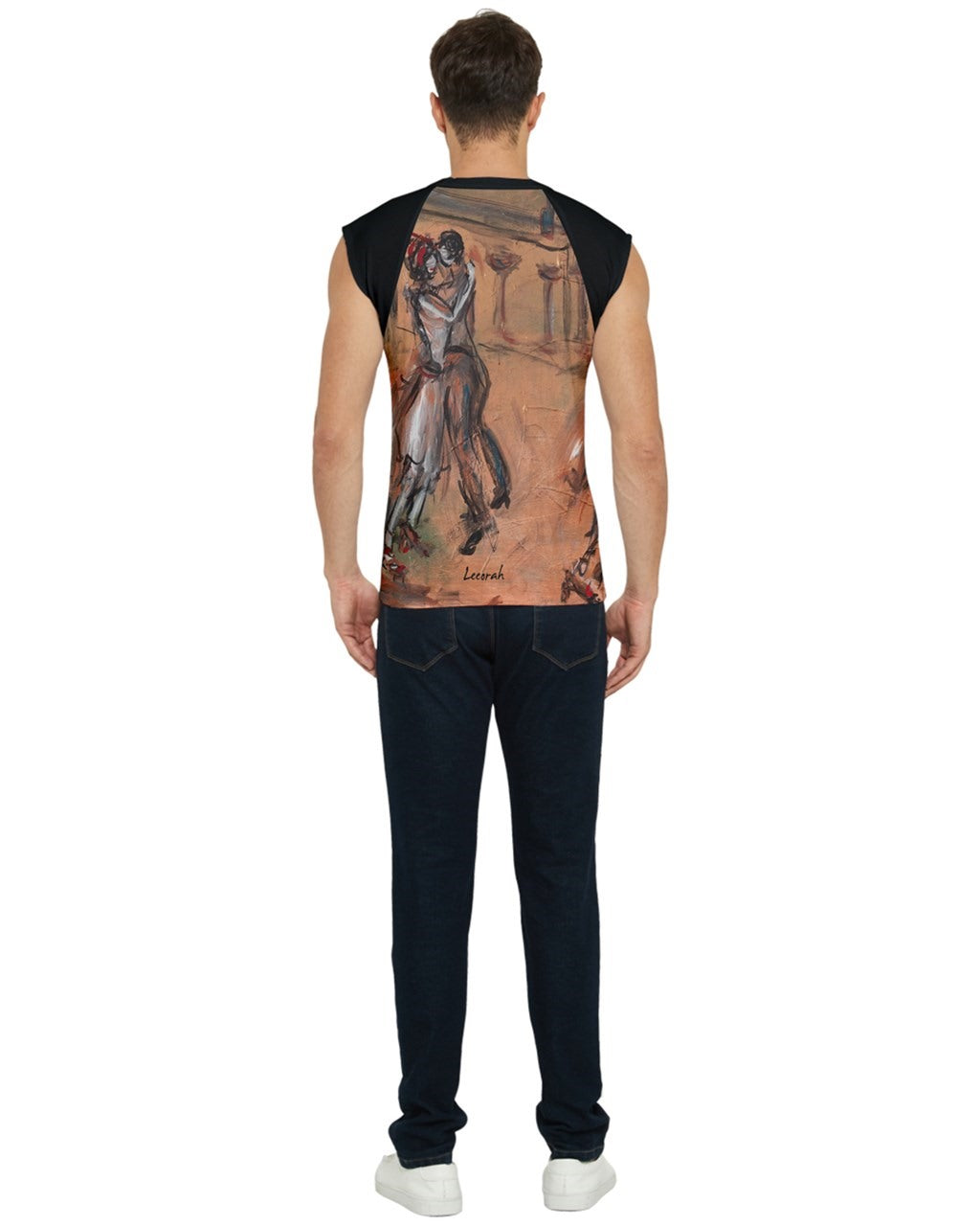 Back view of a vibrant men's   T-shirt featuring original artwork by Leeorah. The design bursts with a kaleidoscope of colors, blending seamlessly to create a captivating visual display. Available in a range of sizes to suit all body types, this T-shirt is a bold statement piece for any wardrobe