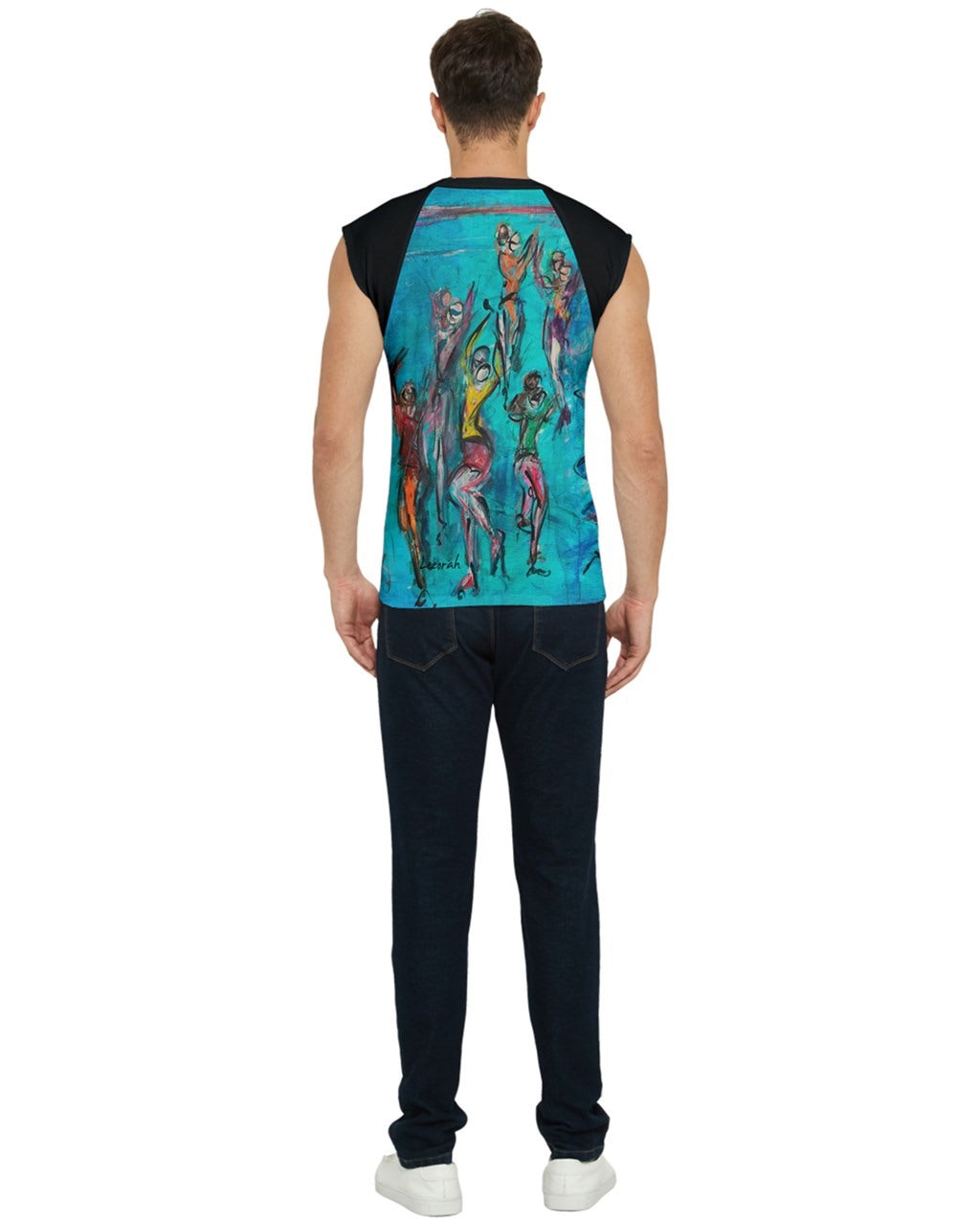 Back view of a vibrant men's  blue T-shirt featuring original artwork by Leeorah. The design bursts with a kaleidoscope of colors, blending seamlessly to create a captivating visual display. Available in a range of sizes to suit all body types, this T-shirt is a bold statement piece for any wardrobe