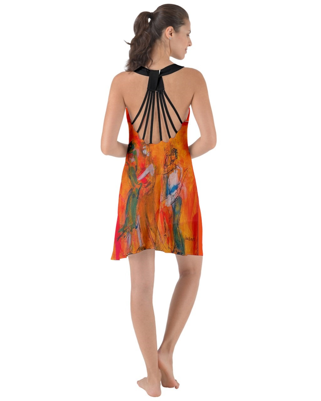 A captivating orange swirling dress featuring criss-cross back straps, adorned with original art by Leeorah. The fabric gracefully flows, accentuating movement with its seductive design .Be the star on the dance floor .Back view