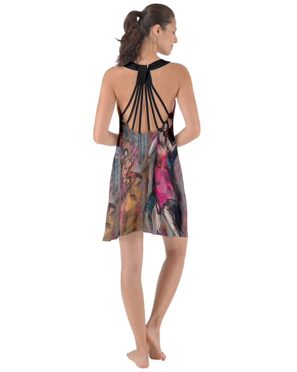 A captivating swirling dress featuring criss-cross back straps, adorned with original art by Leeorah. The fabric gracefully flows, accentuating movement with its seductive design .Be the star on the dance floor .Back view