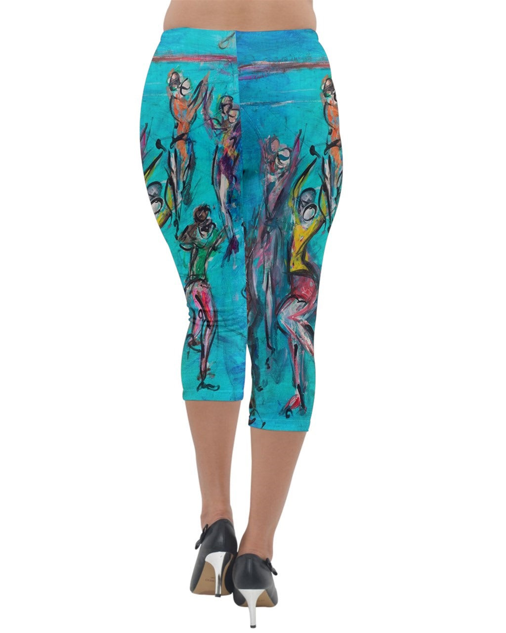 Vibrant torquoise leggings featuring unique art by Leeorah, showcasing a colorful array of abstract patterns and designs.Good for the yoga studio, dance floor or everyday wear. Back View