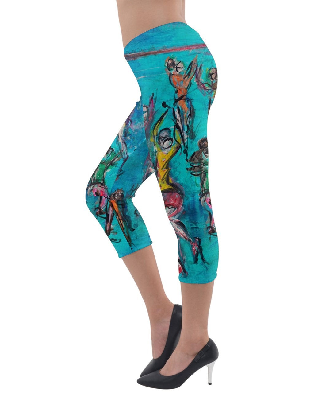 Vibrant torquoise leggings featuring unique art by Leeorah, showcasing a colorful array of abstract patterns and designs.Good for the yoga studio, dance floor or everyday wear. Side View