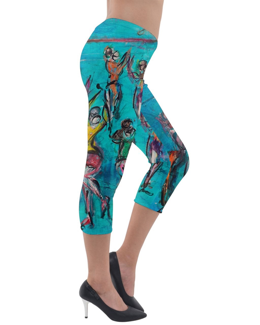 Vibrant torquoise leggings featuring unique art by Leeorah, showcasing a colorful array of abstract patterns and designs.Good for the yoga studio, dance floor or everyday wear. Side View