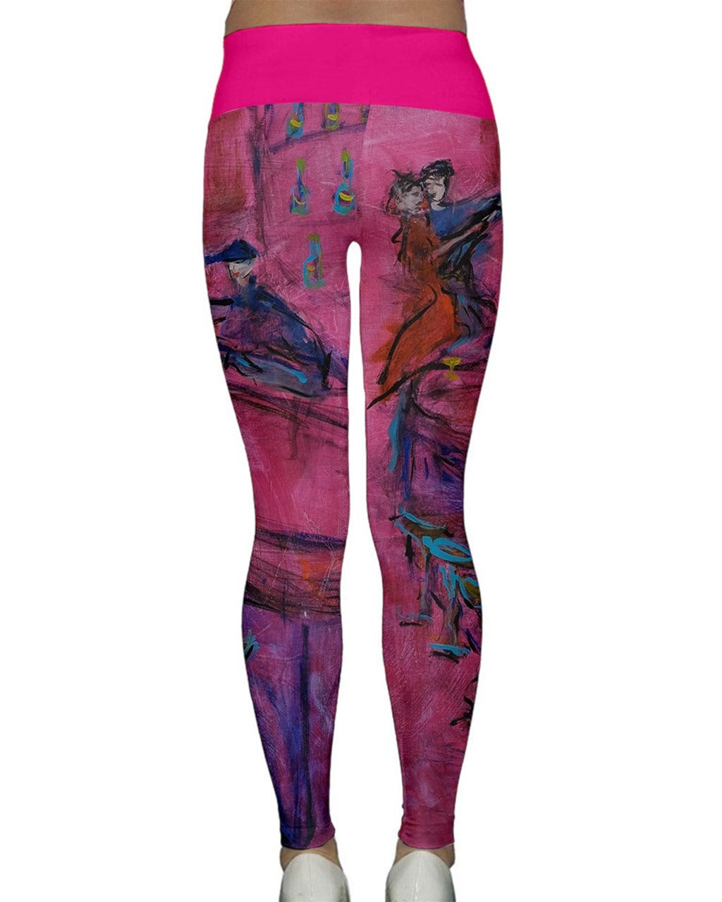 Vibrant pink leggings featuring unique art by Leeorah, showcasing a colorful array of abstract patterns and designs.Good for the yoga studio, dance floor or everyday wear. Back View