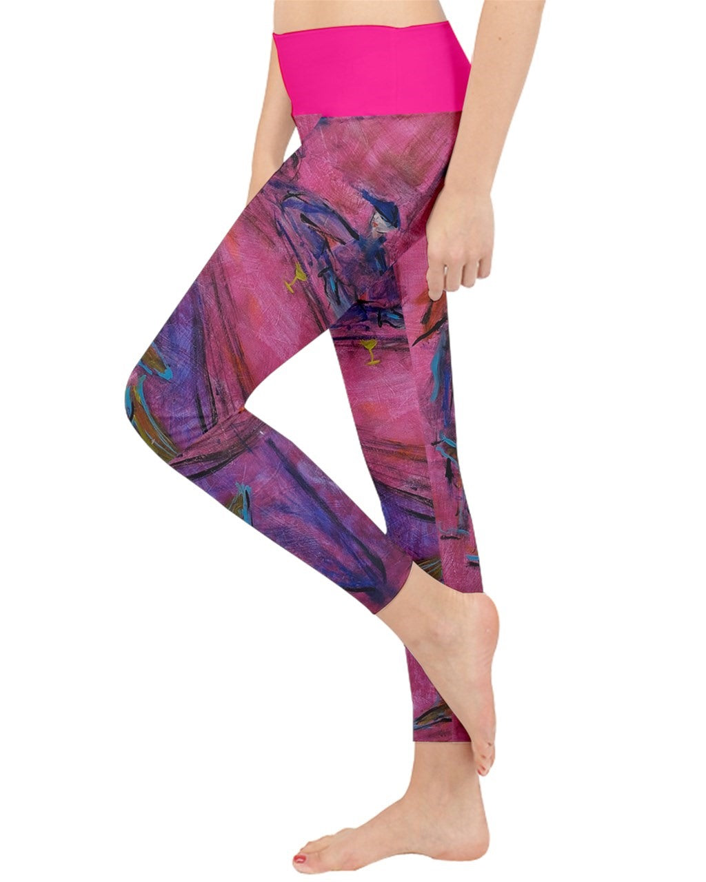 Vibrant pink leggings featuring unique art by Leeorah, showcasing a colorful array of abstract patterns and designs.Good for the yoga studio, dance floor or everyday wear. Side View