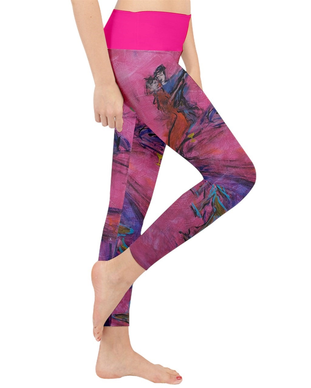 Vibrant pink leggings featuring unique art by Leeorah, showcasing a colorful array of abstract patterns and designs.Good for the yoga studio, dance floor or everyday wear. Side View