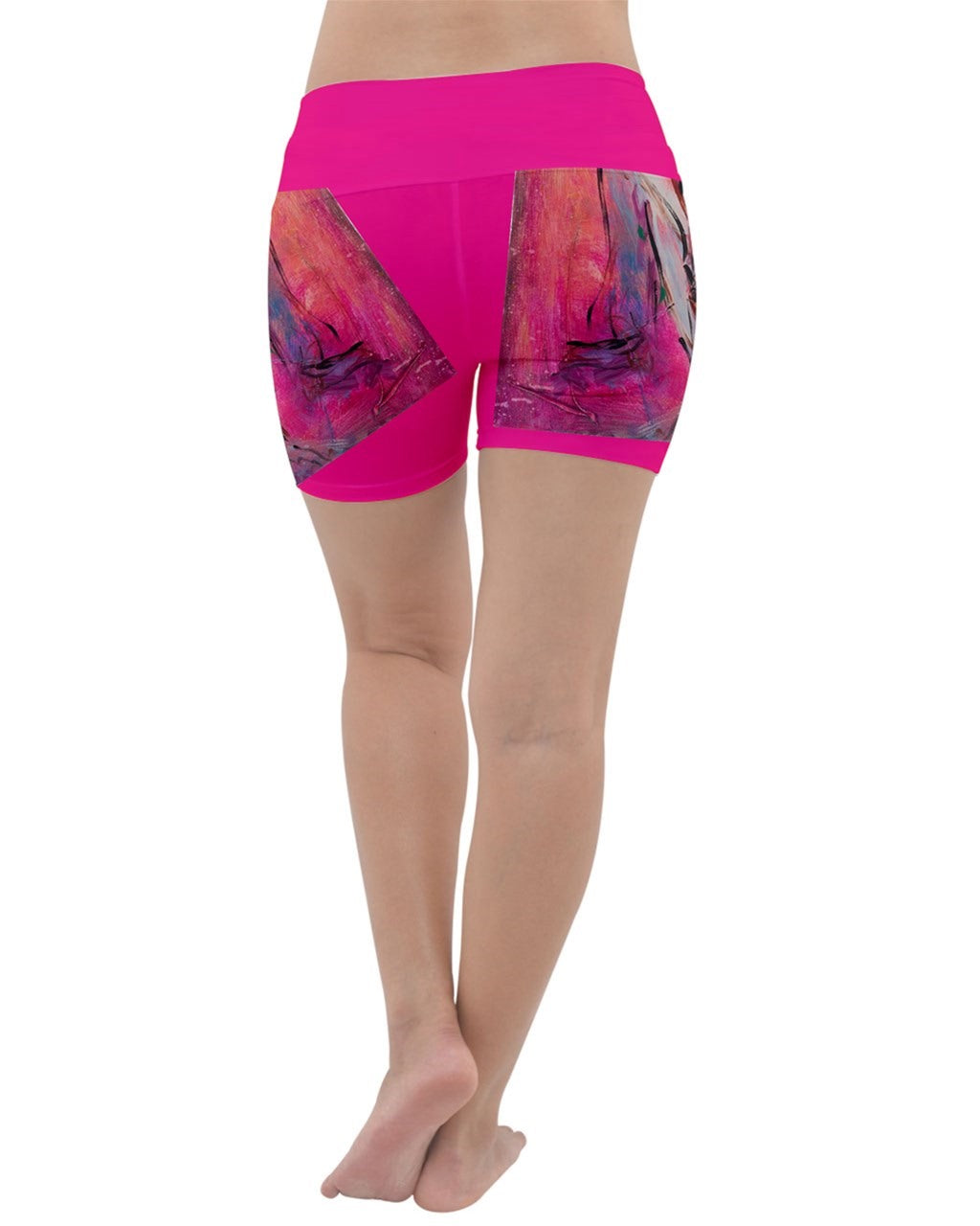 Vibrant pink leggings featuring unique art by Leeorah, showcasing a colorful array of abstract patterns and designs.Good for the yoga studio, dance floor or everyday wear. Back View