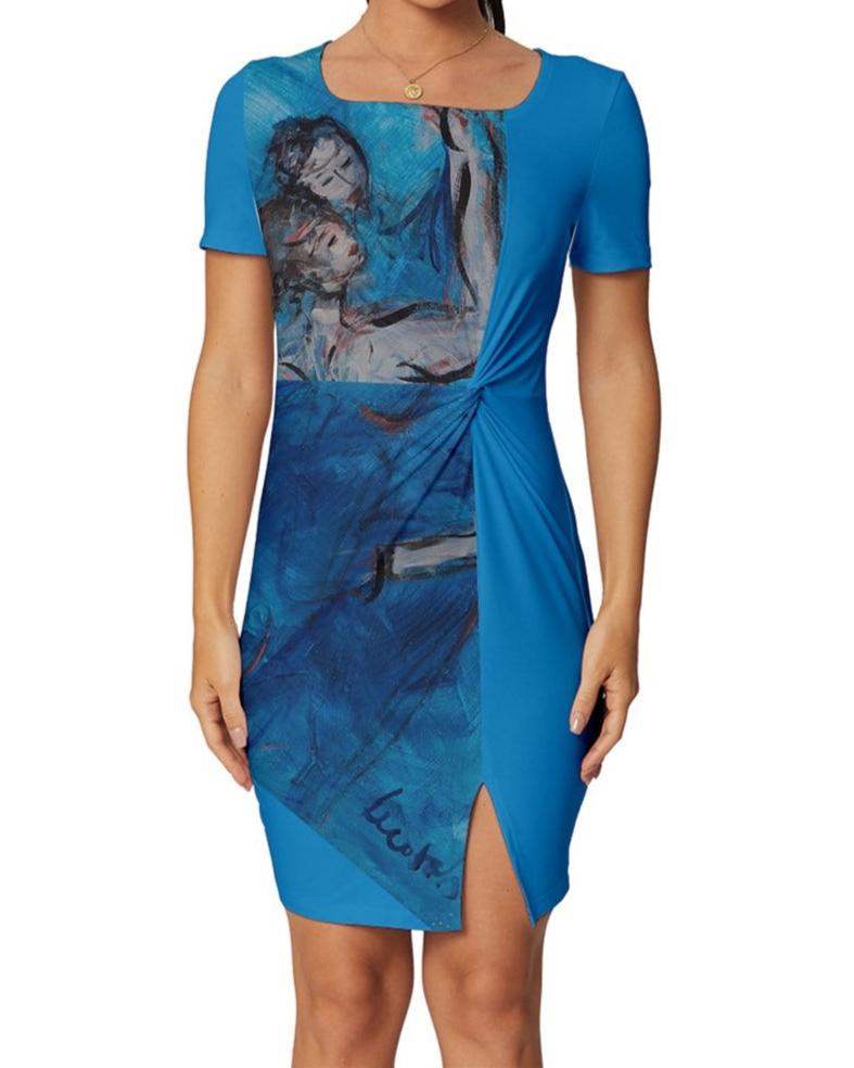  A  blue dress with a vibrant, original art print by Leeorah, designed to flatter all sizes. The dress features a relaxed silhouette and soft fabric, promising comfort and style for any occasion.Front view